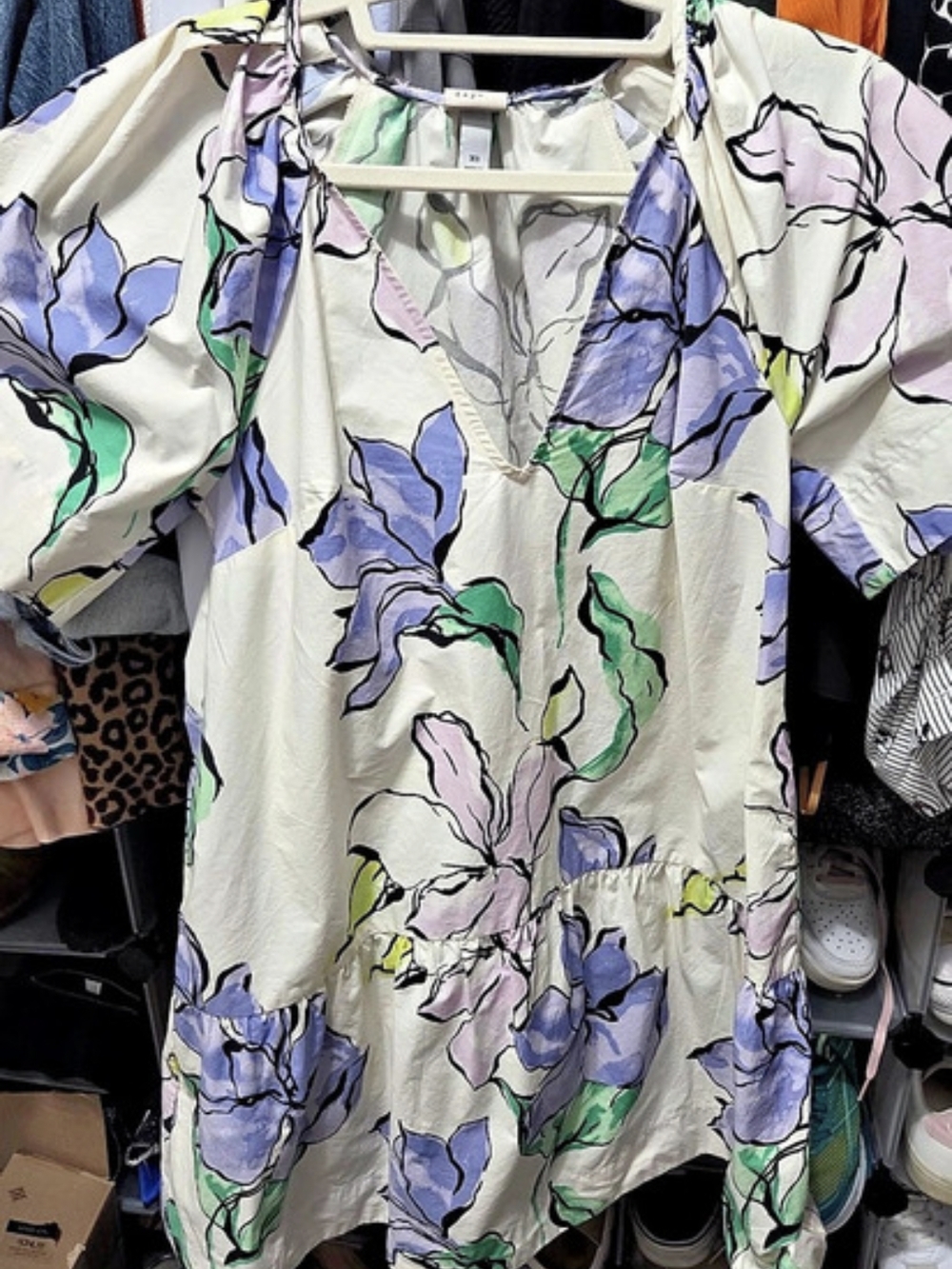 Floral Mini Dress in White & Purple Size XS